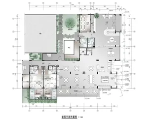 Black and white architectural floor plan of a luxury clubhouse showing first floor layout with dining areas, leisure zones, Japanese-style rooms, garden courtyards, and circulation paths.