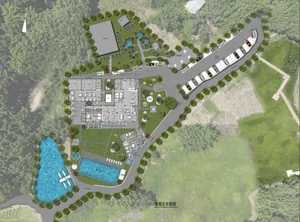 Detailed architectural master plan showing a luxury resort layout including a large lake with dock, rectangular swimming pool, main clubhouse, guest villas, parking areas, and extensive landscaping.