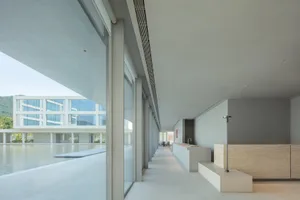 Modern minimalist indoor corridor overlooking a large reflecting pool with concrete walls and travertine accents