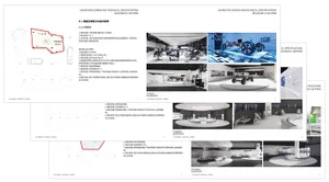 Architectural floor plan and 3D renderings of a modern automotive exhibition space featuring white circular and curved platforms, technical specifications in both English and Chinese, and various exhibition booth layouts.