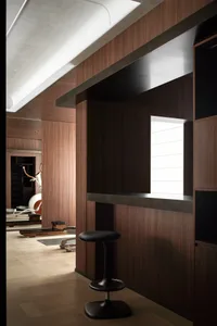 Modern home gym interior with dark walnut wood paneling, a black adjustable stool, and exercise equipment visible in the background under a skylight.
