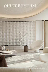Modern minimalist living room featuring a large white sculptural textured accent wall, curved white swivel chair, marble coffee table, and soft neutral furnishings under a curved ceiling with cove lighting.