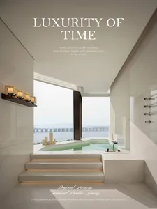 Modern luxury bathroom featuring a built-in green-tinted marble bathtub with ocean and bridge view, illuminated steps, and minimalist white marble walls.