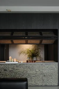 Modern dark interior featuring a burl wood entertainment console with hidden lift-up storage, backlit display niche with vase and flowers, and decorative objects on the countertop.