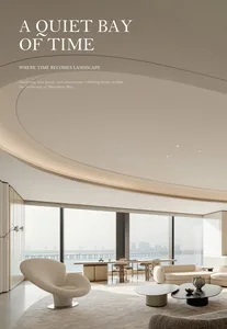 Modern minimalist living room featuring a dramatic curved ceiling, boucle swivel chair, marble coffee tables, and floor-to-ceiling windows overlooking Shenzhen Bay.