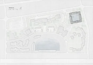 Architectural master plan drawing showing a residential development with multiple building clusters, parking areas, a central lake, and a prominent square courtyard building with an internal garden.
