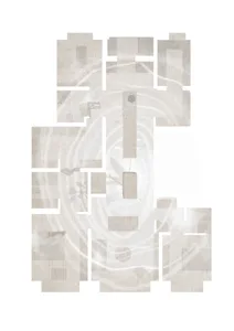 Monochrome abstract floor plan collage featuring fragmented architectural layouts overlaid with swirling textured patterns and geometric shapes.