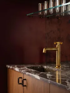 Close-up of a luxury bathroom vanity with deep burgundy marble countertop and integrated sink, paired with a polished brass faucet against a matching burgundy wall and glass shelf above.
