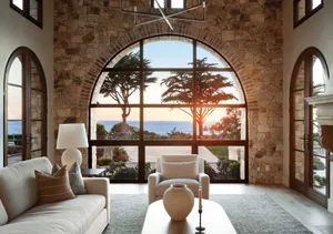 Luxurious living room featuring a massive arched picture window with ocean view at sunset, stone walls, cream sofa, and modern chandelier.