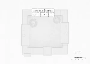 Black and white technical floor plan of a modern U-shaped courtyard residence on the 4th floor, featuring an elevator lobby, corridors, double rooms, and suites arranged around a large open courtyard with trees.