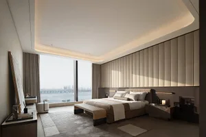 Modern luxury bedroom with large harbor view window, vertical beige textured wall panels, upholstered bed, and integrated lighting