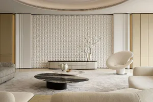 Modern luxury living room featuring a large curved white textured plaster accent wall, cream boucle swivel chairs, marble coffee tables, and soft neutral furnishings under a dramatic curved ceiling.