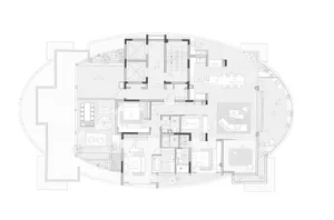 Black and white architectural floor plan of a luxury curved residential apartment showing living areas, bedrooms, bathrooms, kitchen, dining area, and multiple balconies.