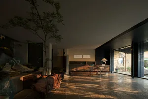 Spacious modern Japanese-style entry hall featuring large reclaimed wood furniture, an indoor tree, stone water feature, and warm sunlight streaming through glass doors onto dark stone tile flooring.