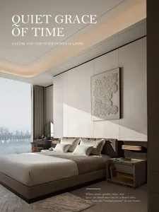 Modern luxury bedroom featuring a large bed with neutral linens, a textured white floral wall sculpture, marble nightstand, and floor-to-ceiling window with harbor view.