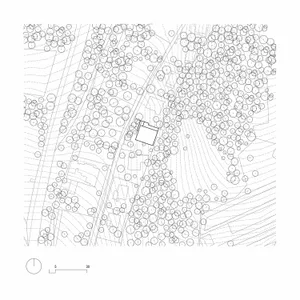 Black and white architectural site plan showing a rectangular building footprint positioned among numerous tree symbols on a contoured hillside with contour lines and a scale bar at the bottom.