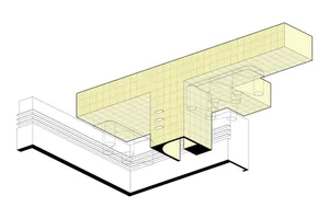 Architectural sectional axonometric drawing of a modern split-level residence showing concrete upper volume, cantilevered floors, and interior spatial organization.