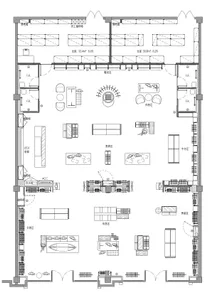 Black and white architectural floor plan of a luxury multi-brand fashion retail store, showing distinct men’s, women’s, and accessories zones, fitting rooms, storage areas, and customer circulation paths.