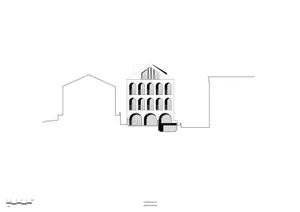Architectural front elevation drawing of a three-storey brick building featuring multiple arched windows, a gabled roof with dormer, and a scale bar indicating 1:100.