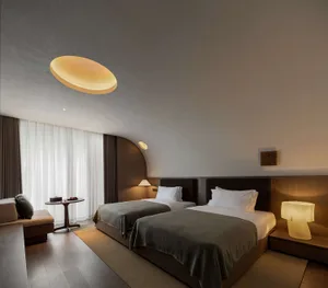 Modern minimalist hotel twin bedroom featuring two beds with dark walnut headboards, warm wood tones, a large circular pendant light, and curved architectural ceiling details.