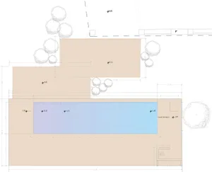 Architectural site plan showing a rectangular swimming pool, building footprints, tree clusters, and detailed dimensions in meters.
