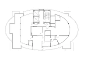 Black and white architectural floor plan of a large oval-shaped luxury home with multiple bedrooms, living areas, and curved exterior walls.