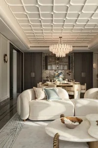 現代奢華客餐廳空間，白色弧形沙發搭配裝飾抱枕、大理石茶几、大型貝殼造型吊燈，以及戲劇性的立體幾何中性色調天花板。