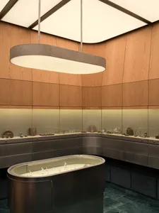 Modern luxury jewelry boutique interior featuring curved walnut wood paneling, backlit glass display cases, dark metal cabinetry, and a large oval central display island under a dramatic oblong pendant light.