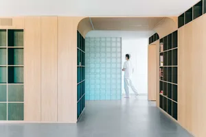 Modern minimalist hallway featuring light oak cabinetry, curved wooden arches, teal open shelving, and a translucent glass block wall at the end.