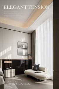 Modern minimalist bedroom corner featuring a curved white bouclé chaise lounge, dark walnut cabinetry, vertical wall paneling, and two framed seascape artworks, illuminated by soft natural light from sheer curtains.