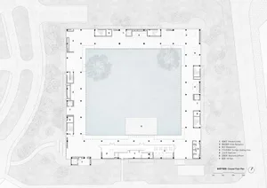 Monochrome architectural ground floor plan of a luxury hotel featuring a spacious central courtyard, labeled rooms including elevator lobby, hotel reception, restaurant, outdoor seating, bathrooms, mechanical rooms and kitchen.