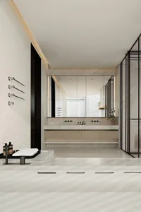 Modern minimalist bathroom with white marble surfaces, floating light-wood vanity, large backlit mirror, and black metal accents