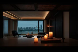 Modern dark wood living room interior at dusk with large floor-to-ceiling windows overlooking a city skyline, featuring black leather lounge chairs, low coffee tables, and numerous lit candles creating warm ambient lighting.