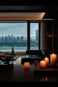 Modern living room interior at night featuring a black leather sofa, multiple lit candles, minimalist dark wood furniture, and large floor-to-ceiling windows overlooking a city skyline with buildings and greenery.