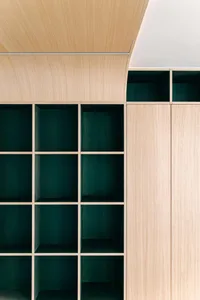 Close-up of a modern built-in bookshelf made of light ash wood with deep emerald green painted interior compartments and a curved upper section.