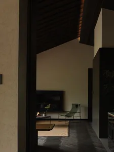 View into a serene minimalist living space featuring a green lounge chair, low wooden table, tatami mat, and dramatic dark wood slat ceiling.