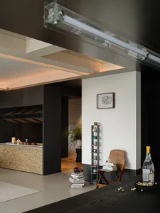 Modern living room interior featuring a large wood grain patterned cabinet, dark wood ceiling with recessed lighting, a wooden folding chair, tall shelving unit, and stacked books.