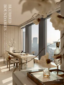 Modern minimalist dining room featuring a long light-wood and marble dining table, upholstered chairs, large floor-to-ceiling windows with city skyline view, and elegant white floral arrangements.