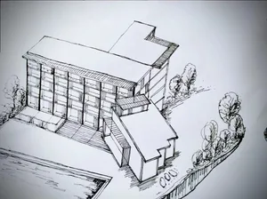 黑白手繪軸測圖，描繪一座兩層樓現代住宅，包含平屋頂、大面積窗戶、戶外樓梯與周邊綠化庭園。