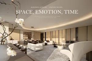 Spacious modern luxury living and dining area featuring curved white sofas, a large round travertine coffee table, geometric area rug, and warm natural light from a curved ceiling.