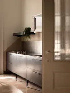 Modern minimalist kitchen featuring stainless steel cabinetry, a black range hood, a trailing green plant, and pink-and-white checkerboard floor tiles, viewed through a partially open ribbed glass door.
