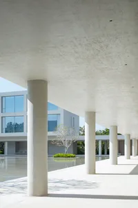 Modern concrete colonnade with cylindrical pillars, smooth concrete ceiling, and a shallow reflecting pool containing a small tree and greenery in a minimalist courtyard.