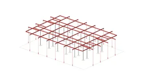紅色鋼鐵建築框架的3D渲染圖，包含灰色立柱與懸吊結構元件，背景為白色。
