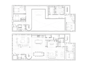 Black and white architectural floor plan drawing of a two-story luxury residential house with detailed room layouts, furniture placement, and circulation paths.