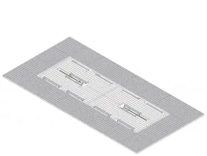 Isometric 3D view of an office floor plan displayed on a grey grid base, showing partitioned workspaces and circulation paths.