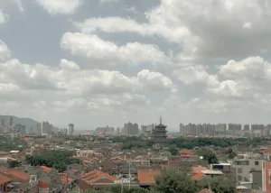 Wide aerial view of Tainan city with traditional Chinese temple pagoda in the center, surrounded by low-rise tiled houses and modern high-rises under a cloudy sky.
