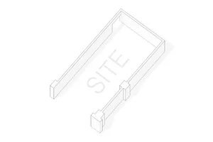 Monochrome isometric architectural site plan showing an elongated rectangular plot with two protruding building masses connected by a narrow corridor.