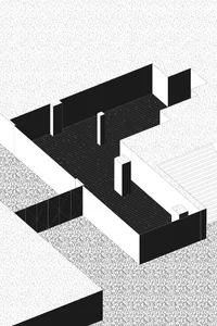 Black and white isometric architectural drawing of a modern house with concrete walls, wooden deck flooring, and stepped terraces.