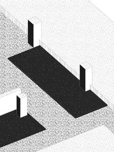 Black and white isometric architectural drawing of an outdoor patio featuring rectangular brick platforms and three tall cubic columns against a dotted ground plane.