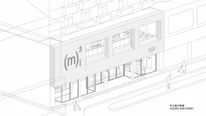 Architectural line drawing of a contemporary coffee shop facade with large glass windows, open ground floor, and pedestrians on the sidewalk.